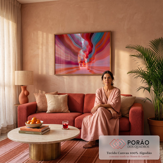 Quadro Decorativo Grande Cânion Abstrato Vermelho para Sala | quadros decorativos para sala de estar | cânion abstrato com paredes onduladas em listras de vermelho, rosa, laranja e turquesa | em ambiente 3 | Porao dos Quadros