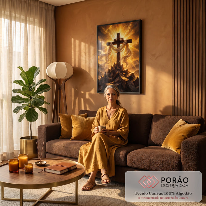 Quadro Decorativo Grande Cruz para Sala Dourado | quadros decorativos para sala de estar | cruz de madeira com coroa de espinhos e tecido branco sobre céu dourado em chamas | em ambiente 3 | Porao dos Quadros