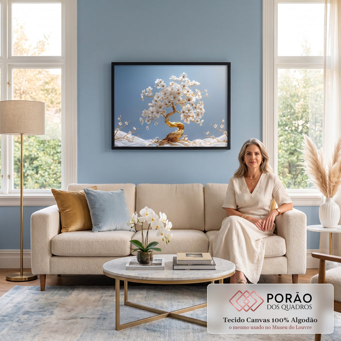 Árvore bonsai de tronco dourado com flores brancas de cerejeira sobre fundo azul claro, quadro decorativo