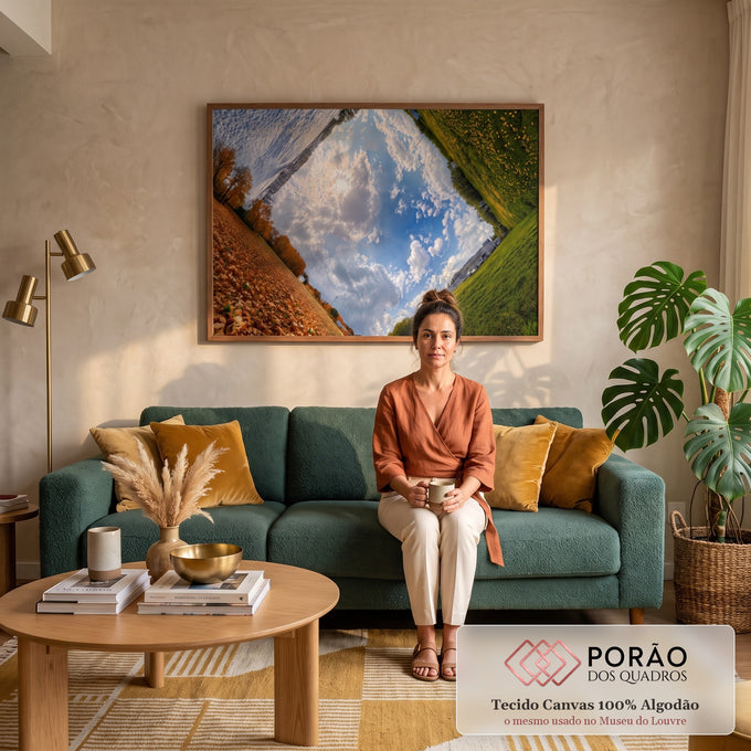 Quadro Decorativo Grande Céu com Nuvens para Sala Azul | quadros decorativos para sala de estar | céu azul com nuvens e sol cercado por paisagens de outono e primavera em simetria | em ambiente 3 | Porao dos Quadros
