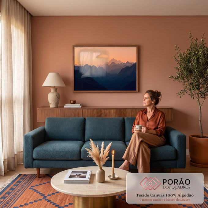 Quadro Decorativo Grande Cordilheira em Camadas para Sala | quadros decorativos para sala de estar | cordilheira em camadas azuis sob céu laranja ao entardecer com pico nevado ao fundo | em ambiente 3 | Porao dos Quadros