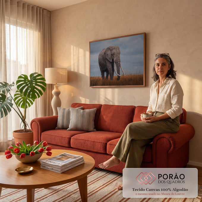 Elefante africano de presas longas caminhando no capim dourado sob céu cinza nublado, quadro decorativo