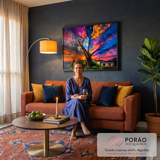 Árvore seca com céu dividido entre sol, lua crescente e pôr do sol colorido, quadro decorativo