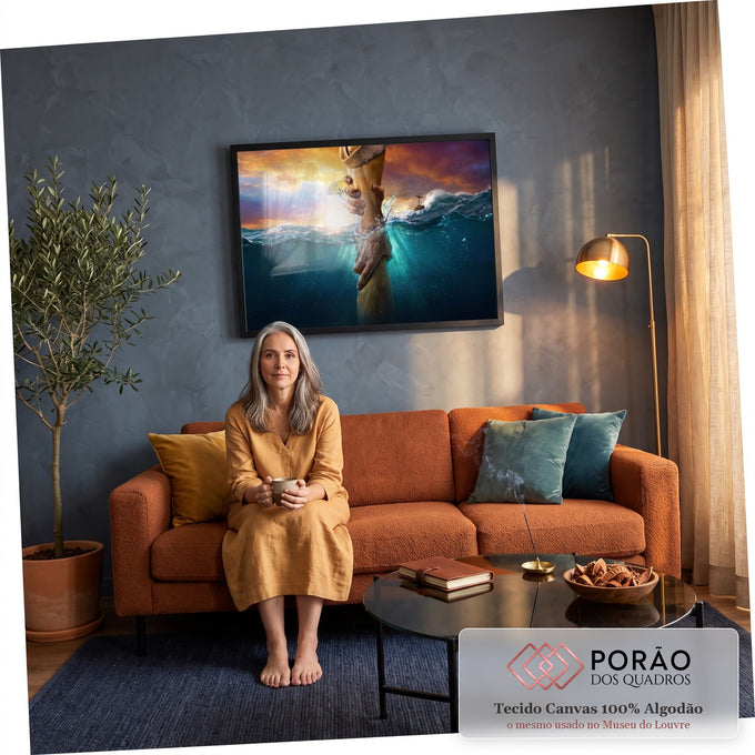 Quadro Decorativo Grande Mãos se Segurando para Sala Azul | quadros decorativos para sala de estar | mão segurando pulso na linha d'água do mar sob céu de pôr do sol dramático | em ambiente 3 | Porao dos Quadros