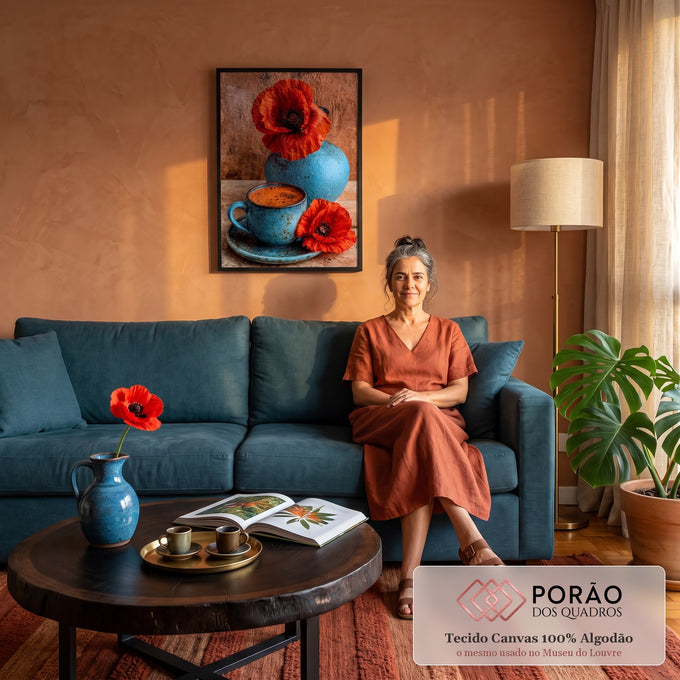 Xícara de café azul com vaso de cerâmica e papoulas vermelhas sobre fundo terracota, quadro decorativo
