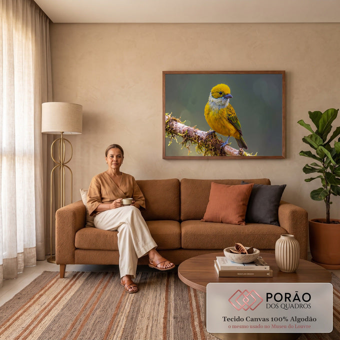 Pássaro saíra amarelo com garganta prateada pousado em galho com musgo, fundo verde desfocado, quadro decorativo
