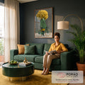 Figura surreal com cabeça de nuvem amarela, casaco verde xadrez e bicicleta verde, quadro decorativo