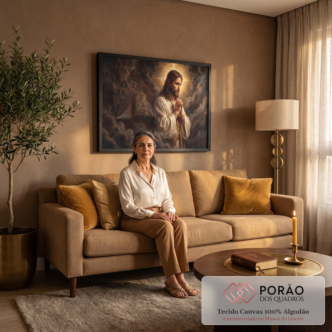 Quadro Decorativo Grande Jesus Halo Dourado para Sala Marrom | quadros decorativos para sala de estar | Jesus Cristo em oração com halo dourado em cruz sobre fundo de nuvens escuras | em ambiente 3 | Porao dos Quadros
