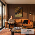 Quadro Decorativo Grande Cavalo e Carro Preto para Sala | quadros decorativos para sala de estar | cavalo preto em pé diante de carro esportivo laranja em cenário de outono | em ambiente 3 | Porao dos Quadros