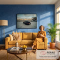 Quadro Decorativo Grande Carro Esportivo Skyline para Sala | quadros decorativos para sala de estar | carro esportivo preto visto de trás em estacionamento com skyline urbano ao fundo | em ambiente 3 | Porao dos Quadros