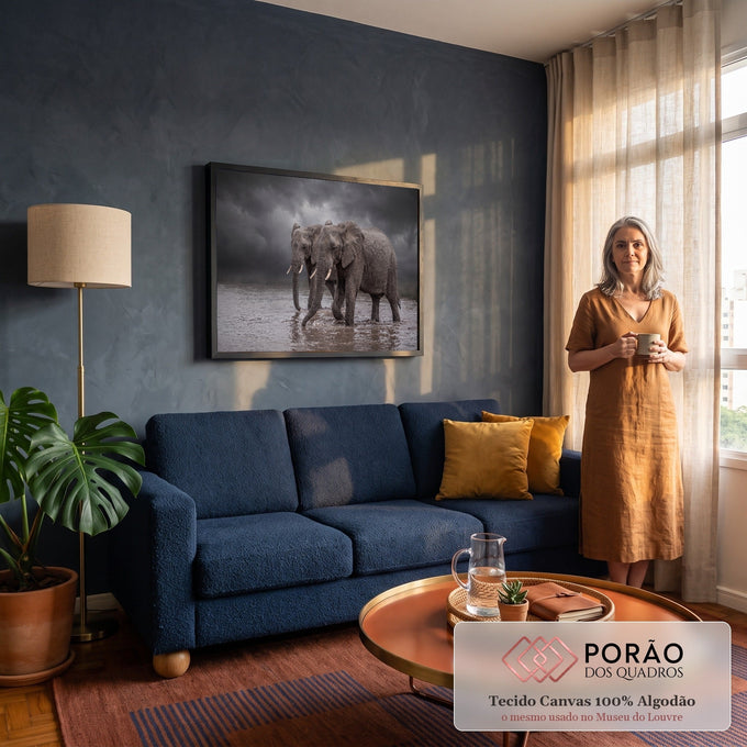 Quadro Decorativo Grande Dois Elefantes para Sala Cinza | quadros decorativos para sala de estar | dois elefantes caminhando pela água sob céu nublado dramático em tons de cinza | em ambiente 3 | Porao dos Quadros