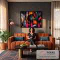 Quadro Decorativo Grande Arcos Geométricos para Sala Laranja | quadros decorativos para sala de estar | arcos geométricos coloridos em laranja, rosa e azul petróleo sobre fundo preto texturizado | em ambiente 3 | Porao dos Quadros