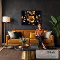 Quadro Decorativo Grande Flor e Borboleta Dourado para Sala | quadros decorativos para sala de estar | flor e borboleta douradas com folhas metálicas sobre fundo preto | em ambiente 3 | Porao dos Quadros