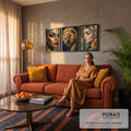 Quadro Decorativo Kit 3 Telas Leão e Mulheres para Sala | quadros decorativos para sala de estar | leão ornamentado dourado entre dois retratos femininos com respingos de tinta dourada | em ambiente 3 | Porao dos Quadros