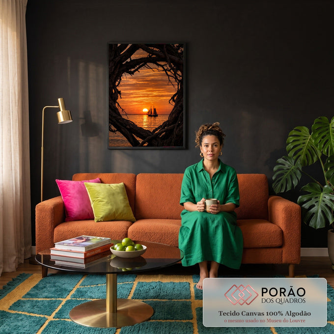 Quadro Decorativo Grande Pôr do Veleiro para Sala | quadros decorativos para sala de estar | pôr do sol alaranjado com veleiro ao mar, emoldurado por galhos escuros de árvore | em ambiente 3 | Porao dos Quadros
