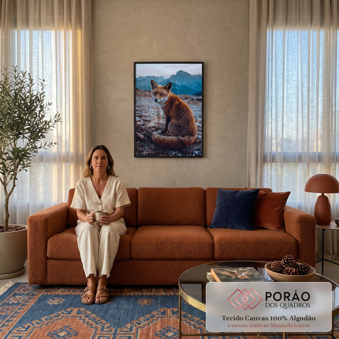 Raposa vermelha sentada olhando para a frente com montanhas azuis ao fundo, quadro decorativo