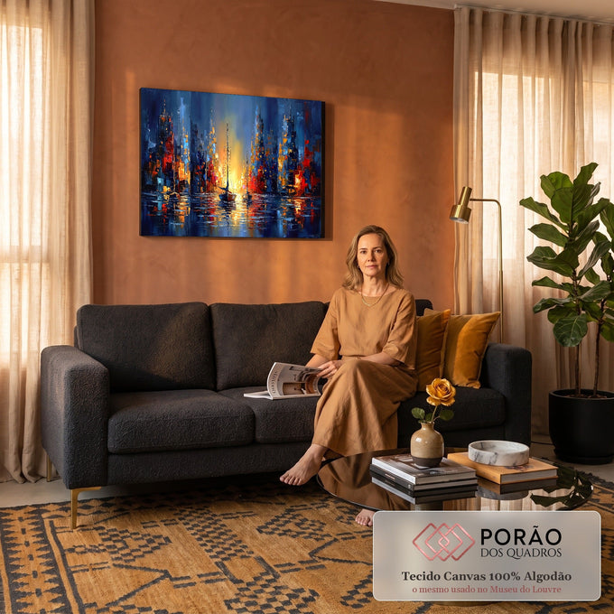Quadro Decorativo Grande Veleiros em Canal para Sala Azul | quadros decorativos para sala de estar | dois veleiros em canal urbano com luz dourada entre prédios azuis e vermelhos | em ambiente 3 | Porao dos Quadros