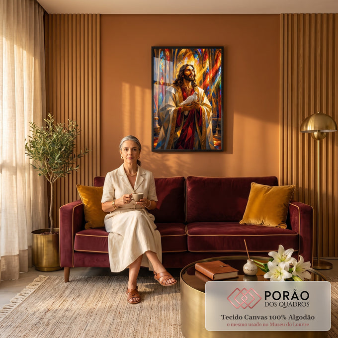 Quadro Decorativo Grande Jesus com Pomba para Sala Dourado | quadros decorativos para sala de estar | Jesus com auréola dourada segurando pomba branca em estilo vitral geométrico | em ambiente 3 | Porao dos Quadros