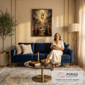 Quadro Decorativo Grande Ascensão de Jesus para Sala Dourado | quadros decorativos para sala de estar | Jesus Cristo ascendendo ao céu entre raios dourados, com apóstolos olhando de baixo | em ambiente 3 | Porao dos Quadros