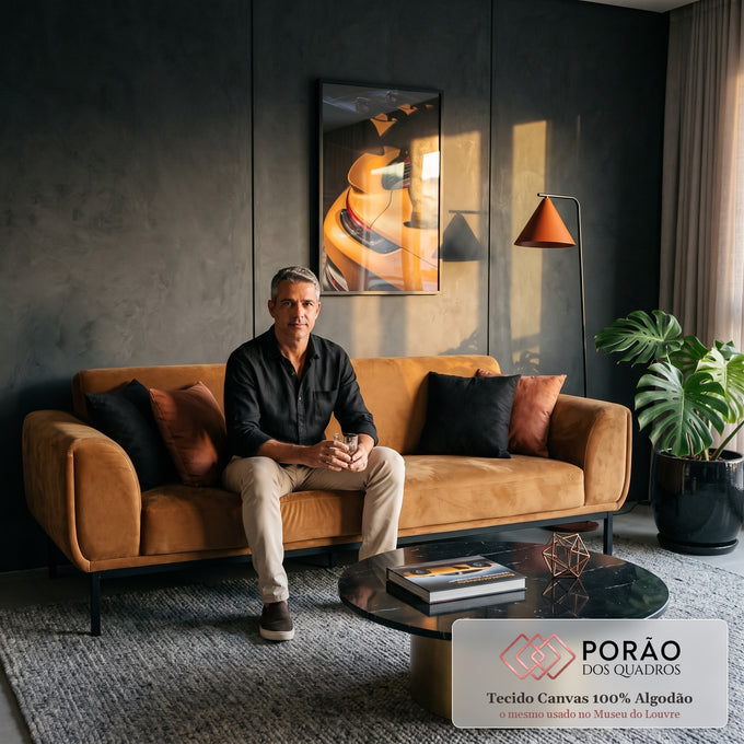Quadro Decorativo Grande Detalhe de Carro para Sala Laranja | quadros decorativos para sala de estar | detalhe traseiro de carro esportivo laranja com aerofólio preto e lanterna vermelha | em ambiente 3 | Porao dos Quadros