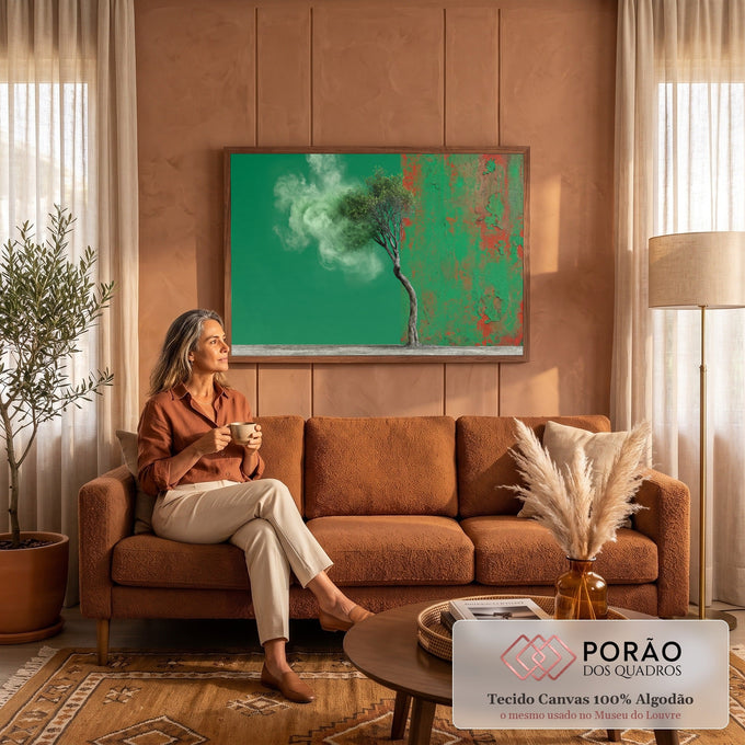 Árvore de tronco curvo virando fumaça verde diante de parede descascada, quadro decorativo