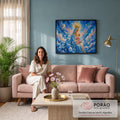 Nossa Senhora coroada com o Menino Jesus no colo, céu estrelado em redemoinhos azuis, quadro decorativo