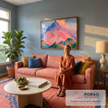 Quadro Decorativo Montanha Rosa e Azul ao Amanhecer | quadros decorativos para sala de estar | pico montanhoso rosa e azul sob nuvens douradas em pintura colorida | em ambiente 3 | Porao dos Quadros