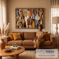 Quadro Decorativo Grande Rostos Cubistas para Sala Marrom | quadros decorativos para sala de estar | rostos cubistas geométricos em tons terrosos com textura de madeira | em ambiente 3 | Porao dos Quadros