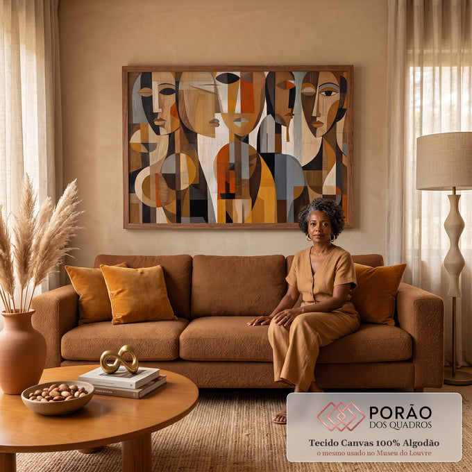 Quadro Decorativo Grande Rostos Cubistas para Sala Marrom | quadros decorativos para sala de estar | rostos cubistas geométricos em tons terrosos com textura de madeira | em ambiente 3 | Porao dos Quadros