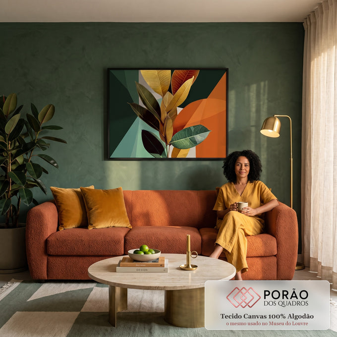 Ramo de ficus com folhas verdes, amarelas e terracota sobre fundo geométrico, quadro decorativo