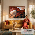 Quadro Decorativo Grande Buda de Pedra para Sala Vermelho | quadros decorativos para sala de estar | estátua de Buda em pedra com véu vermelho esvoaçante sobre montanhas e nuvens | em ambiente 3 | Porao dos Quadros
