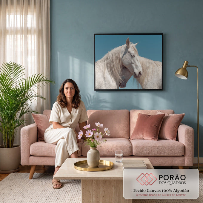 Quadro Decorativo Grande Cavalos Brancos se para Sala Azul | quadros decorativos para sala de estar | dois cavalos brancos encostando as cabeças, crinas ao vento, fundo céu azul | em ambiente 3 | Porao dos Quadros