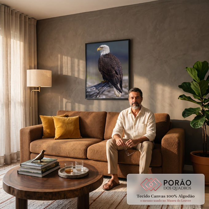 Águia de cabeça branca de perfil pousada em tronco seco com fundo desfocado, quadro decorativo