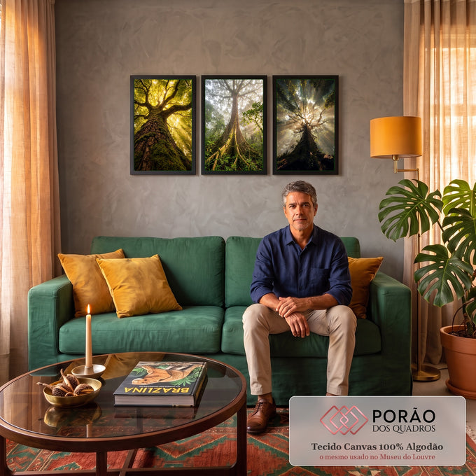 Quadro Decorativo Kit 3 Telas Árvores da Floresta para Sala | quadros decorativos para sala de estar | três árvores de floresta vistas de baixo com raios de sol entre as folhas | em ambiente 3 | Porao dos Quadros