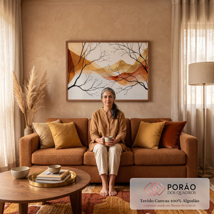 Quadro Decorativo Grande Montanhas Douradas para Sala Marrom | quadros decorativos para sala de estar | paisagem de montanhas em aquarela nos tons terracota com galhos pretos secos sobrepostos | em ambiente 3 | Porao dos Quadros