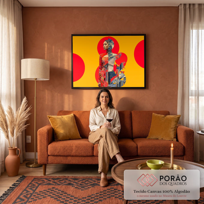 Mulher oriental em colagem pop art com círculos vermelhos sobre fundo amarelo, quadro decorativo