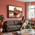 Muscle car laranja número 01 diante do Coliseu de Roma ao pôr do sol, quadro decorativo
