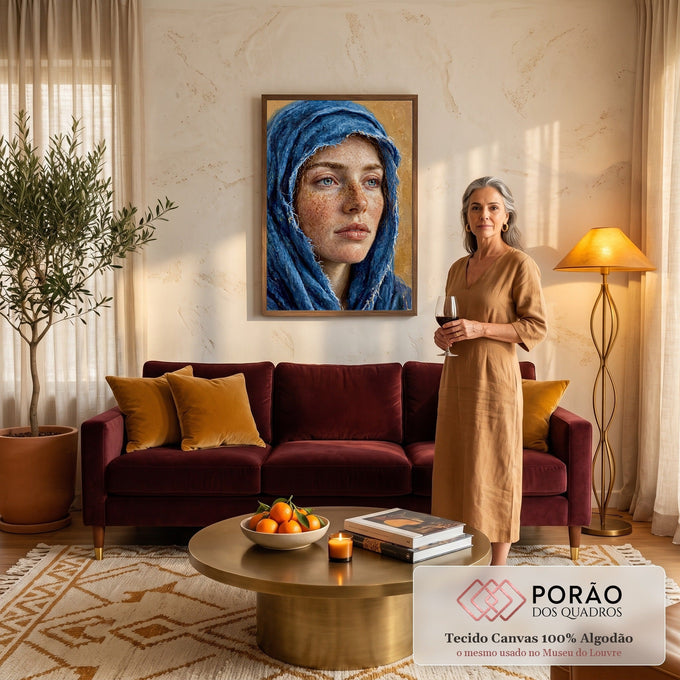 Quadro Decorativo Grande Retrato de Mulher para Sala Azul | quadros decorativos para sala de estar | retrato realista de mulher com véu azul desfiado e rosto sardento sobre fundo dourado | em ambiente 3 | Porao dos Quadros