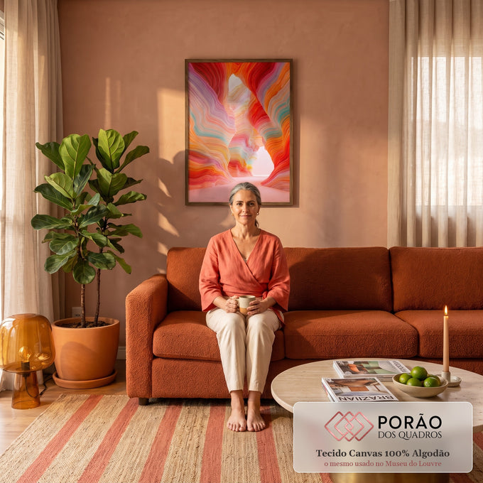 Cânion surreal em camadas onduladas vermelhas, laranja, rosa e turquesa com luz ao fundo, quadro decorativo