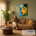 Quadro Decorativo Grande Rosto Dividido para Sala Azul | quadros decorativos para sala de estar | rosto feminino dividido em metades azul listrada e amarela vibrante com lábios vermelhos | em ambiente 3 | Porao dos Quadros