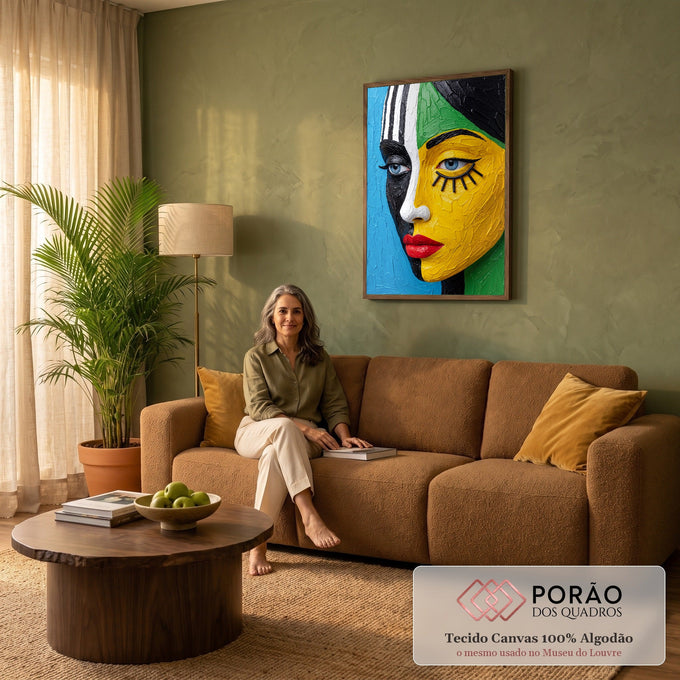 Quadro Decorativo Grande Rosto Dividido para Sala Azul | quadros decorativos para sala de estar | rosto feminino dividido em metades azul listrada e amarela vibrante com lábios vermelhos | em ambiente 3 | Porao dos Quadros