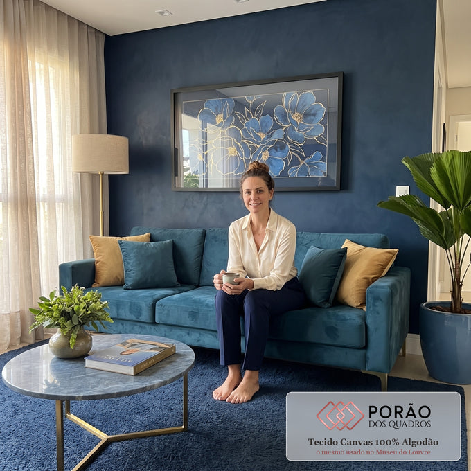 Quadro Decorativo Grande Flores Azuis Azul para Sala | quadros decorativos para sala de estar | flores azuis detalhadas com contornos dourados sobre fundo marinho escuro | em ambiente 3 | Porao dos Quadros