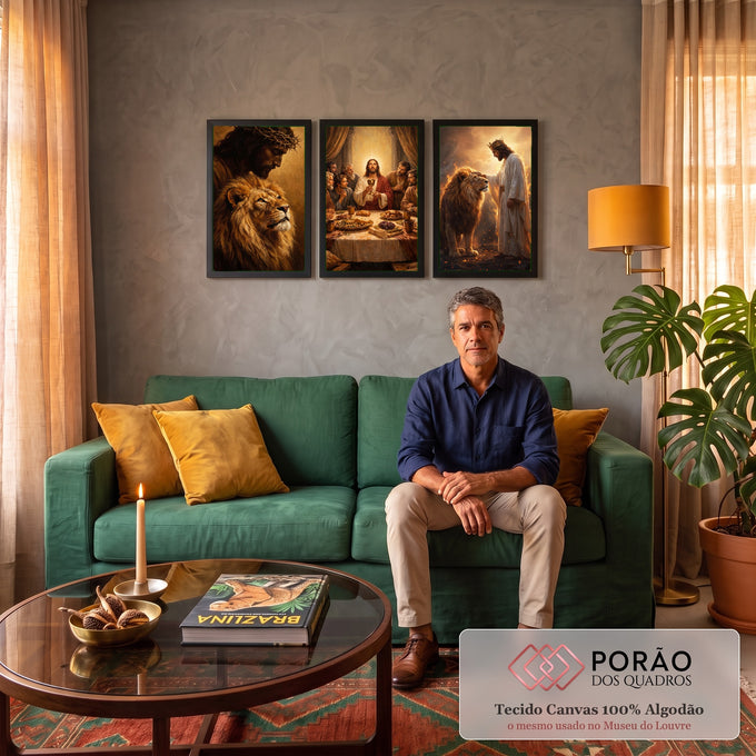Quadro Decorativo Kit 3 Telas Jesus Cristo Dourado para Sala | quadros decorativos para sala de estar | Jesus Cristo, Última Ceia e leão coroado em três painéis dourados | em ambiente 3 | Porao dos Quadros