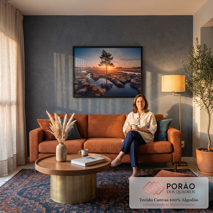 Quadro Decorativo Grande Pinheiro Solitário para Sala | quadros decorativos para sala de estar | pinheiro solitário refletido em riacho ao nascer do sol em pântano com névoa | em ambiente 3 | Porao dos Quadros