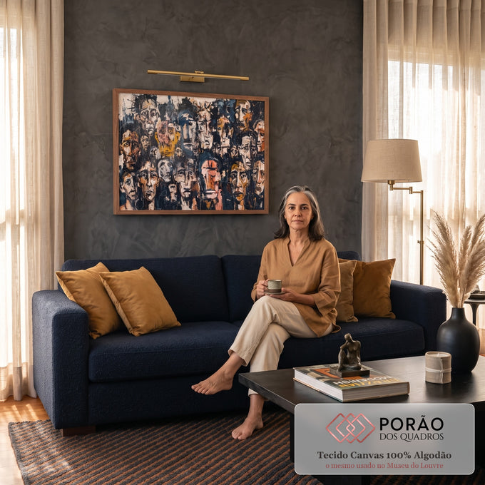 Quadro Decorativo Grande Multidão de Rostos Preto para Sala | quadros decorativos para sala de estar | multidão de rostos humanos pintados em estilo expressionista com tons azuis e pretos | em ambiente 3 | Porao dos Quadros