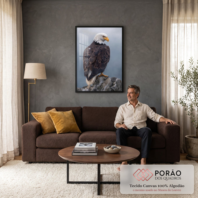 Águia-de-cabeça-branca de costas pousada em rocha, olhando de lado, fundo cinza azulado, quadro decorativo