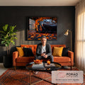 Supercarro preto com detalhes laranja sobre estrada coberta de folhas de outono, quadro decorativo