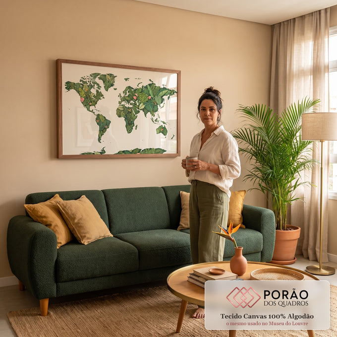 Quadro Decorativo Grande Mapa Mundi para Sala Verde | quadros decorativos para sala de estar | mapa-múndi ilustrado com continentes formados por folhas tropicais verdes e flores coloridas | em ambiente 3 | Porao dos Quadros