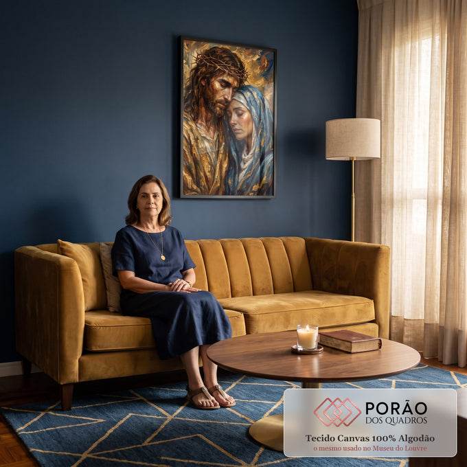 Quadro Decorativo Grande Jesus e Maria em Lágrimas para Sala | quadros decorativos para sala de estar | Jesus com coroa de espinhos encostando o rosto em Nossa Senhora chorando, fundo dourado | em ambiente 3 | Porao dos Quadros