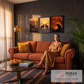 Quadro Decorativo Kit 3 Telas Gatos e Cães para Sala Laranja | quadros decorativos para sala de estar | gato na pedra, dois cães na praia e gato preto sob lua laranja | em ambiente 3 | Porao dos Quadros